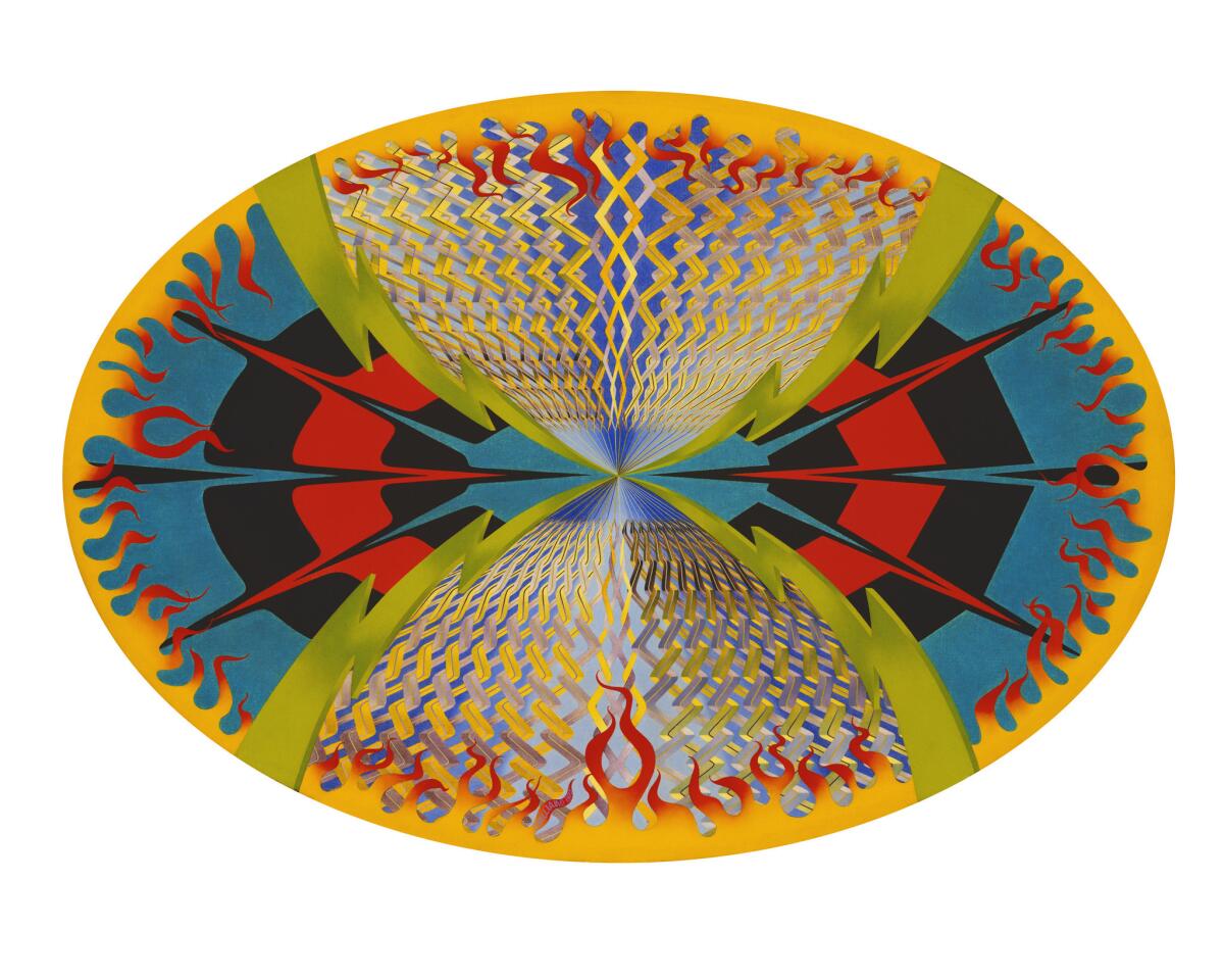 "Scallops and Stripes Within an Oval of Flames," 1975, by Suzanne Williams in "Auto-Didact."