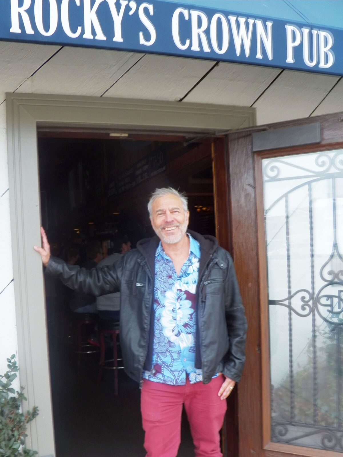 Kimo Jensen outside Rocky's Crown Pub, one of his favorite Pacific Beach locations.