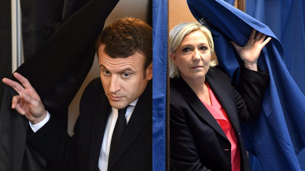 This combination of pictures shows French presidential candidates Emmanuel Macron, left, and Marine le Pen exiting polling booths on May 7, 2017.