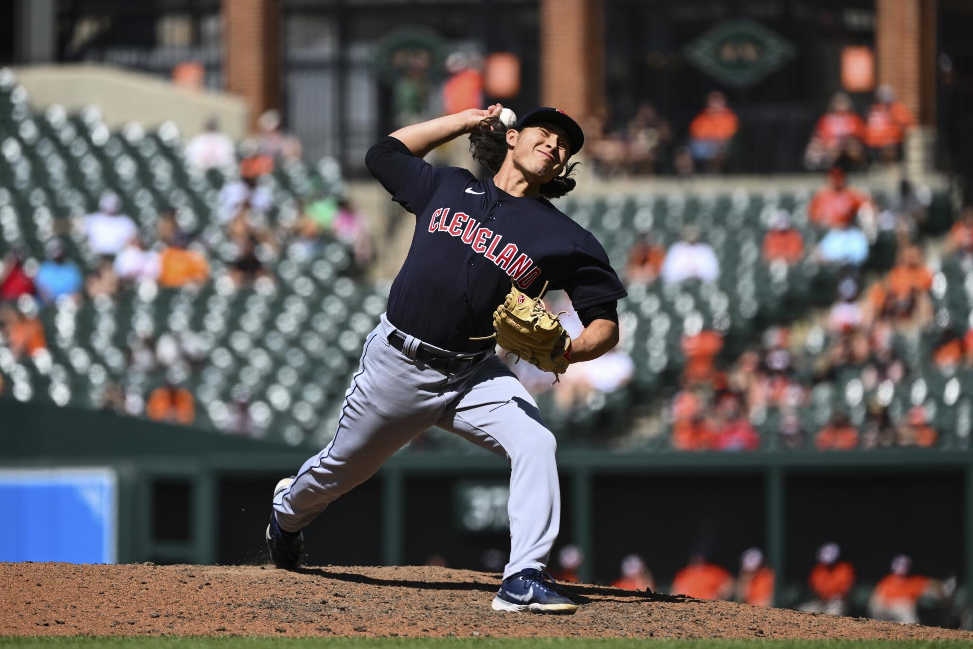 Cleveland Guardians relief pitcher Eli Morgan throws against the Baltimore Orioles on June 5.