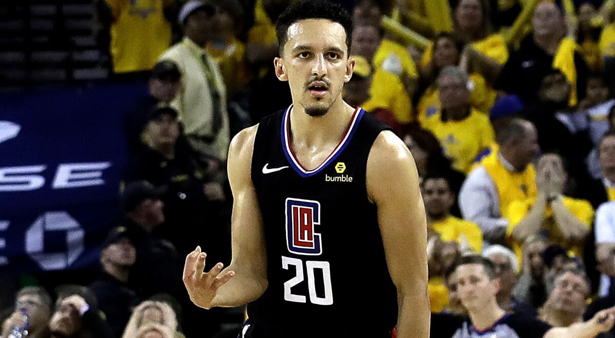 Clippers guard Landry Shamet reacts after making a three-pointer against Golden State during Game 2 of their playoff series.