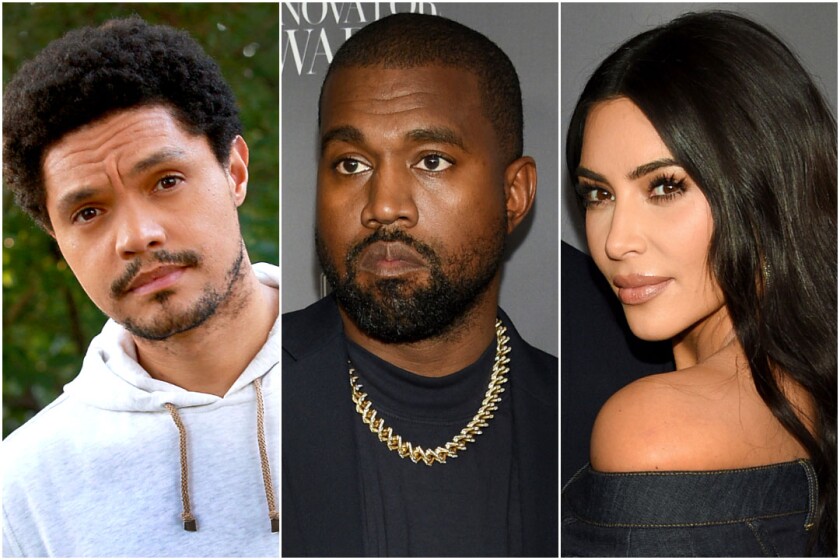 Separate head shots of Trevor Noah, Kanye West and Kim Kardashian