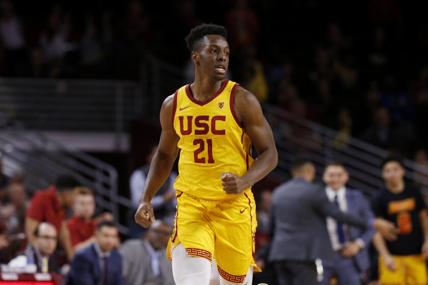 LOS ANGELES, CALIF. -- THURSDAY, JANUARY 30, 2020: USC Trojans forward Onyeka Okongwu (21) agains the Utah Utes in the second half at the Galen Center in Los Angeles, Calif., on Jan. 30, 2020. Trojans win 56-52. (Gary Coronado / Los Angeles Times)