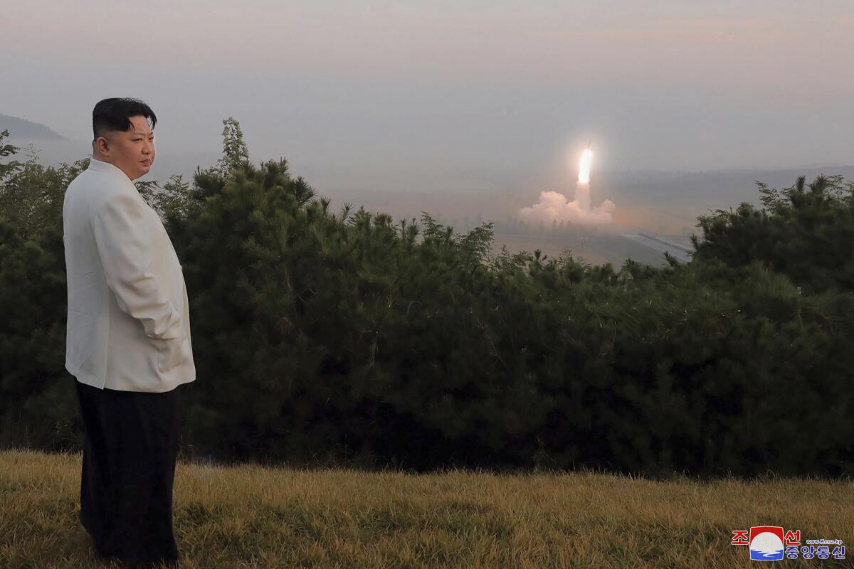This photo provided on Oct. 10, 2022, by the North Korean government, North Korean leader Kim Jong Un inspects a missile test at an undisclosed location in North Korea, as taken sometime between Sept. 25 and Oct. 9. Independent journalists were not given access to cover the event depicted in this image distributed by the North Korean government. The content of this image is as provided and cannot be independently verified. Korean language watermark on image as provided by source reads: "KCNA" which is the abbreviation for Korean Central News Agency. (Korean Central News Agency/Korea News Service via AP)