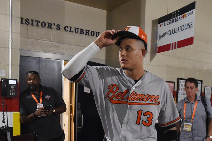 Manny Machado looks for his family outside the clubhouse after playing in the Major League Baseball All-Star Game on Tuesday, July 17, 2018 at Nationals Park in Washington. It was his final appearance in an Orioles uniform.
