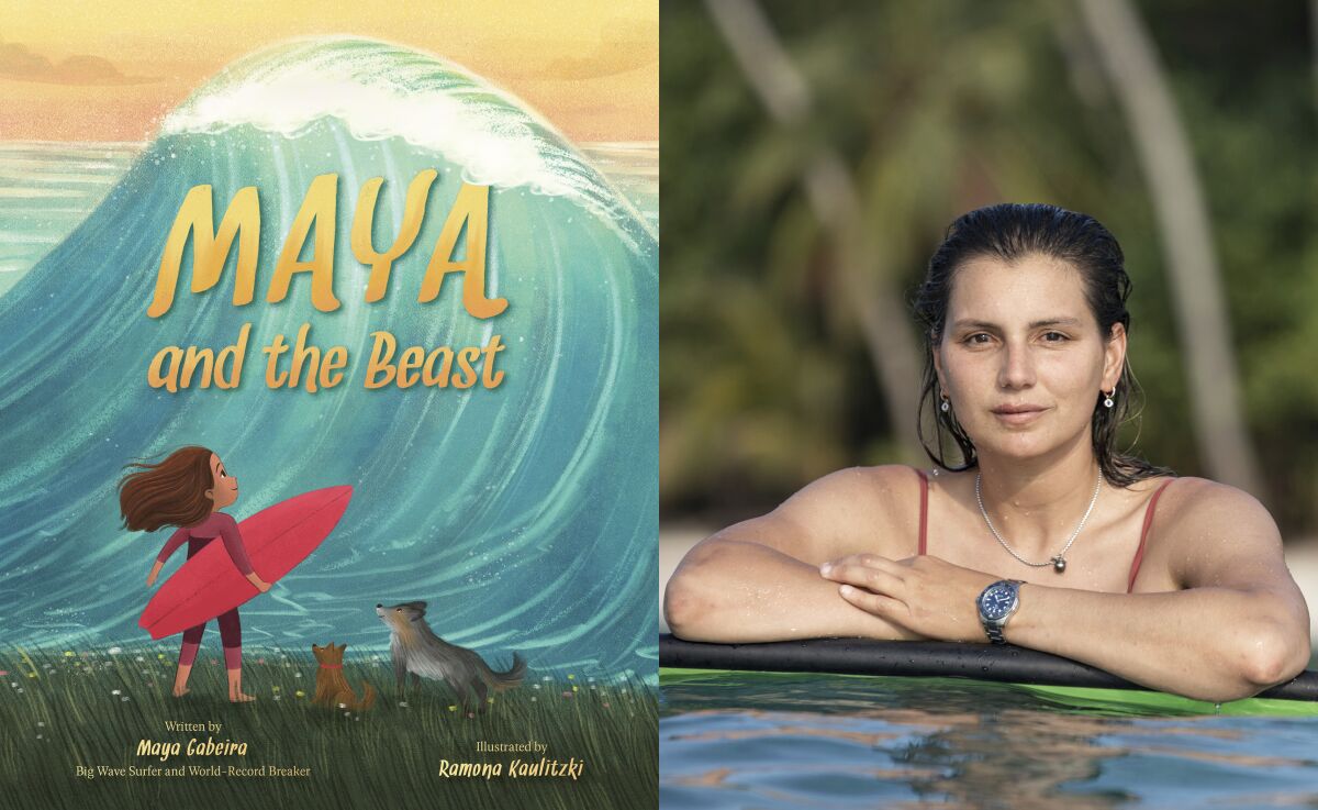 This combination photo shows cover art for the children's book "Maya and the Beast," left, and a portrait of author and surfer Maya Gabeira. (Abrams Books via AP, left, and Ana Catarina via AP)