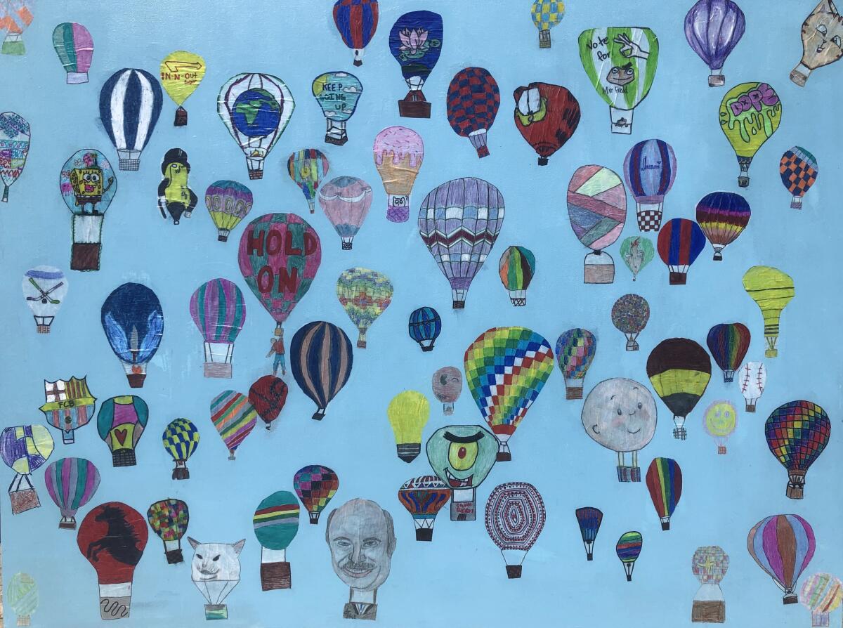 6th grade art project: A Colorful Sky—Iconic Rancho Santa Fe, 36 x 48 in., canvas, acrylic paint, tracing paper, crayons, colored pencils, oil pastels, and Mod Podge.