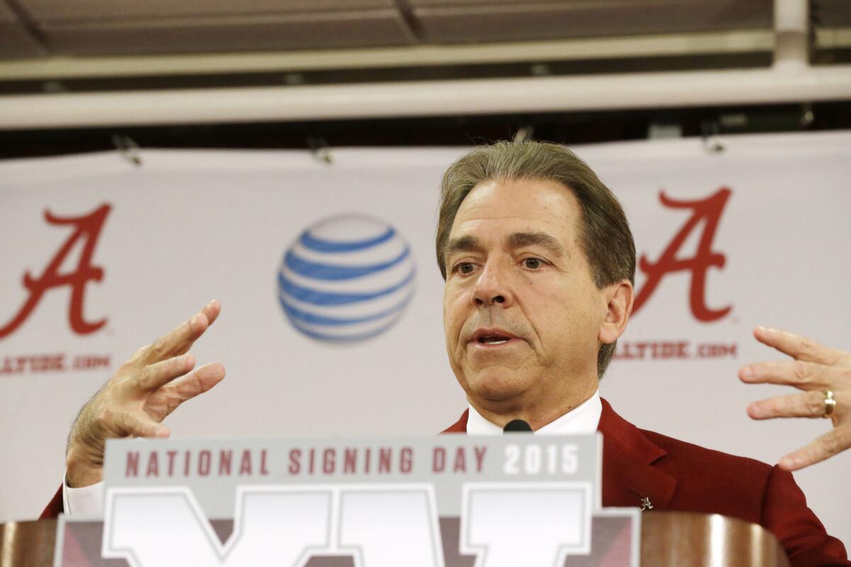 Alabama Coach Nick Saban speaks during a national signing day news conference Wednesday. The Crimson Tide finished the day with the top recruiting class in the country.