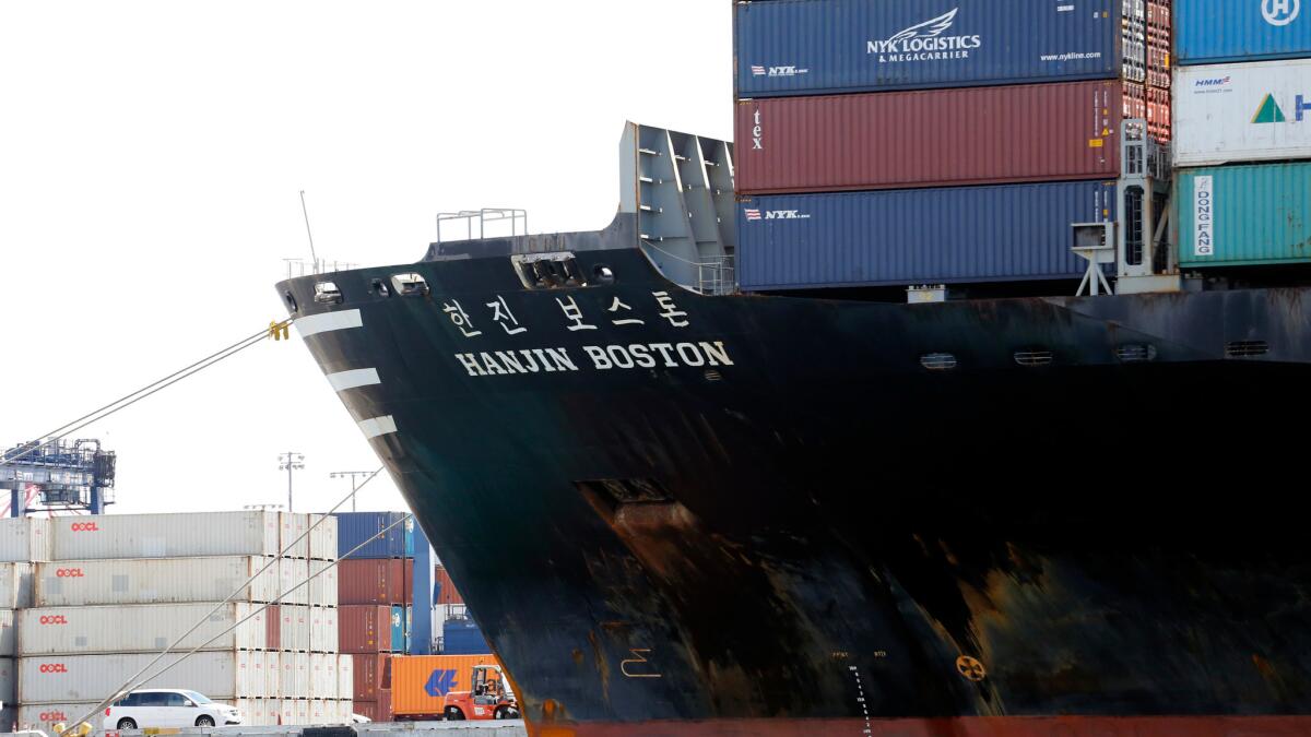 On Sept. 13, the container ship Hanjin Boston is unloaded at the Port of Los Angeles. Hanjin Shipping Co. declared bankruptcy Aug. 31.