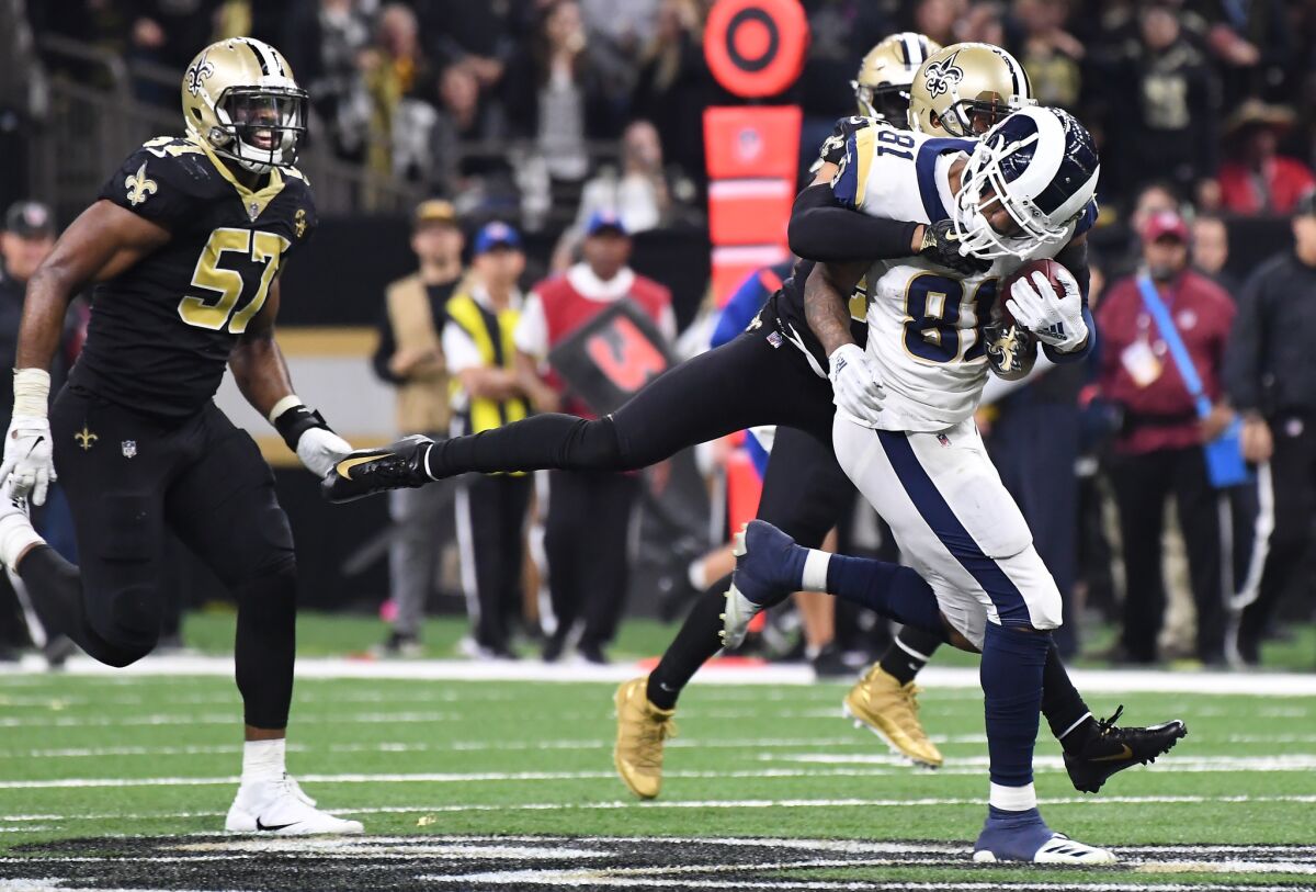 Rams tight-end Gerald Everett picks up big yards on a reception against the New Orleans Saints in the fourth quarter in the NFC Championship at the Superdome in New Orleans on Jan. 20.