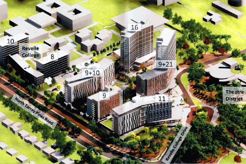This artist's rendering shows UC San Diego's Future College Living & Learning Neighborhood, proposed for La Jolla Village Drive by North Torrey Pines Road. The numbers correspond to the number of floors in each building.