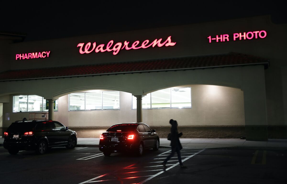 An exterior view of a Walgreens store in Los Angeles. 
