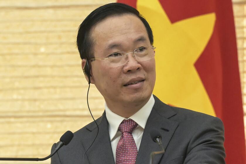 FILE - Vietnam's President Vo Van Thuong addresses the media during a joint press conference with Japan's Prime Minister Fumio Kishida after their meeting at the prime minister's official residence in Tokyo, Japan, Monday, Nov. 27, 2023. Vietnam’s president resigned in the latest episode of the ruling Communist Party's “blazing furnace” anti-corruption campaign, and Vice President Vo Thi Anh Xuan was named acting president. The appointment is Xuan's second stint as acting president after she stepped in when Vo Van Thuong's predecessor resigned in early 2023. (Richard A. Brooks/Pool Photo via AP, File)