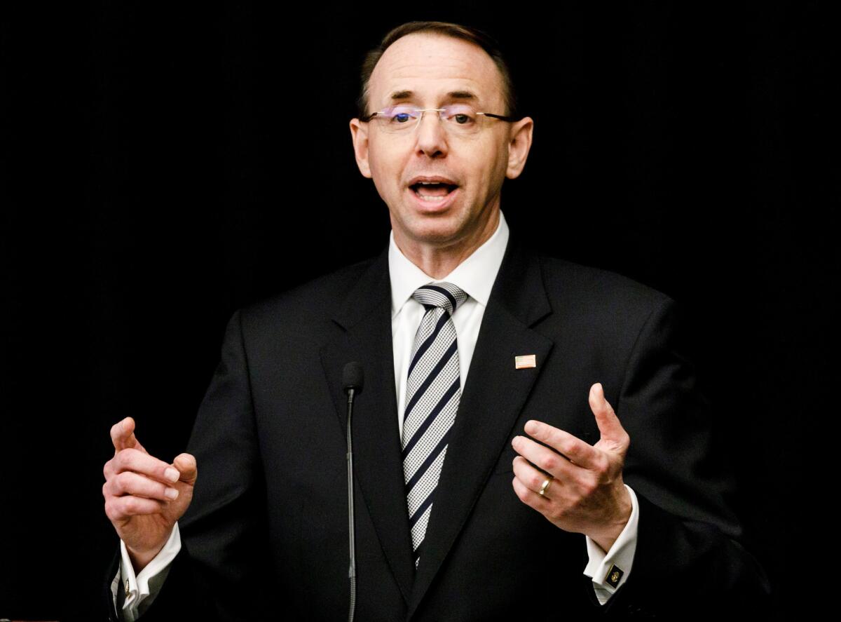 Deputy Atty. Gen. Rod Rosenstein addresses a conference on the Foreign Corrupt Practices Act in New York on May 9.