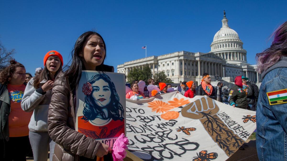 Supporters of DACA march at the U.S. Capitol in March.