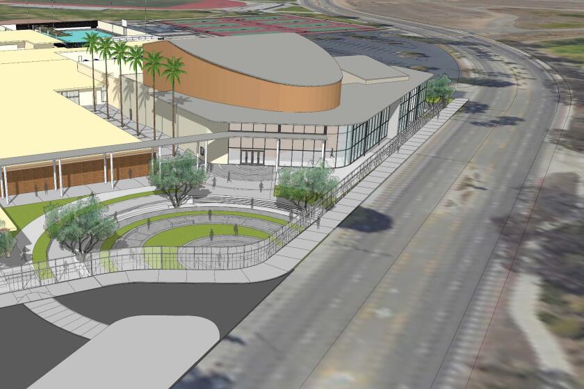 A rendering shows the new theater complex (center) at Estancia High School.