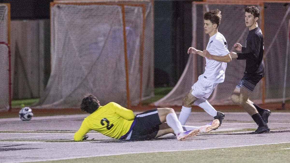 Sage Hill School's Emir Karabeg, right, takes a shot under pressure from St. Anthony goalkeeper Victor Lopez, left, during a wild-card match of the CIF Southern Section Division 6 playoffs on Tuesday.