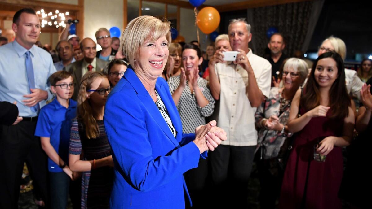 Janice Hahn celebrates her early lead in San Pedro.