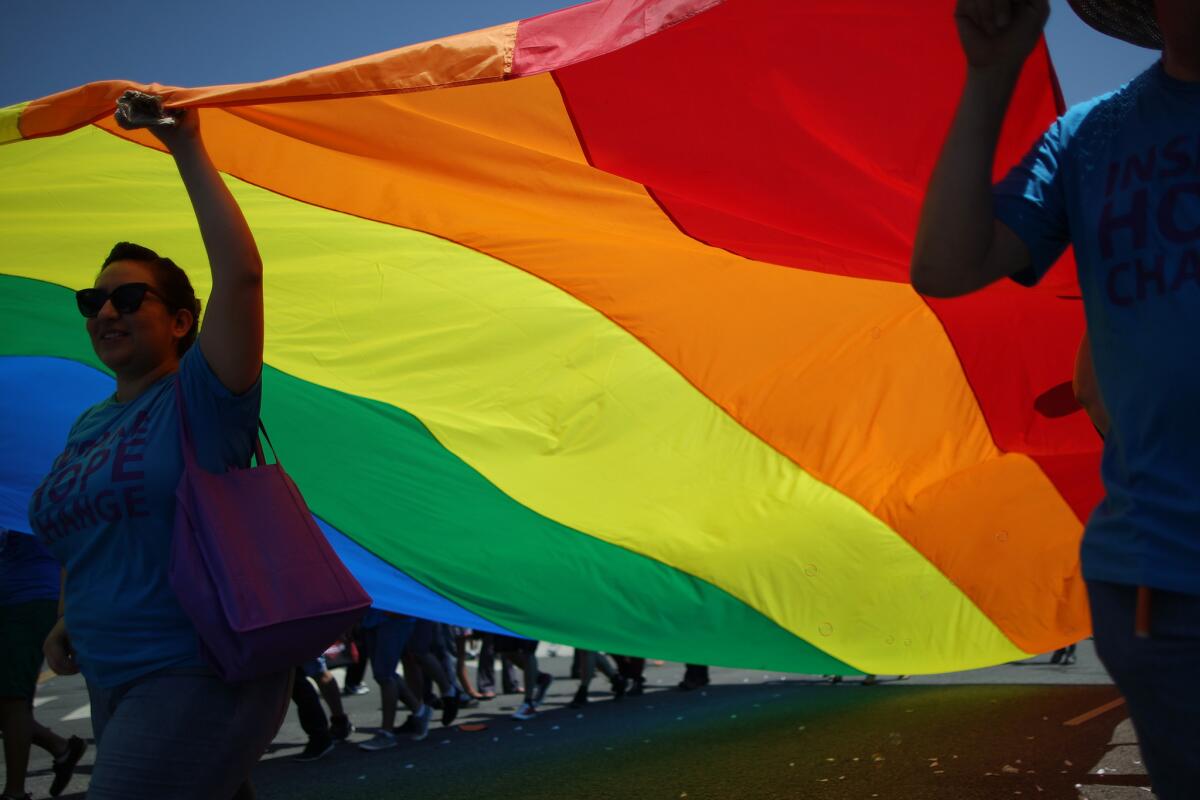 Marchers carry a rainbow flag in the L.A. Pride Parade on June 8 in West Hollywood.