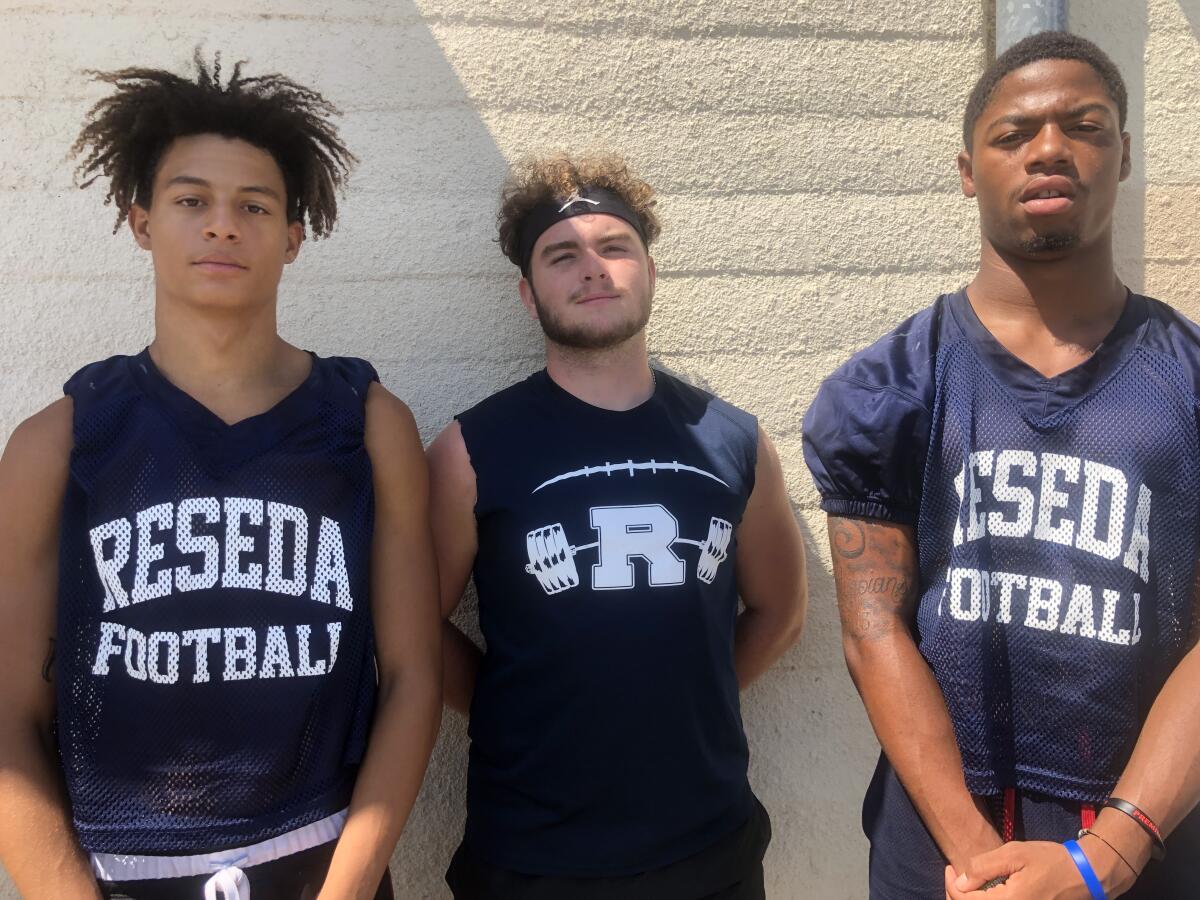 Receiver Dranel Rhodes, left, quarterback Trent Butler and receiver Mario Martinez have been key figures in leading Reseda into the City Section Division I championship football game against El Camino Real.