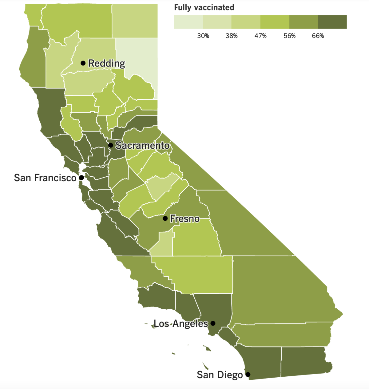 A map showing California's COVID-19 vaccination progress by county as of Feb. 15.