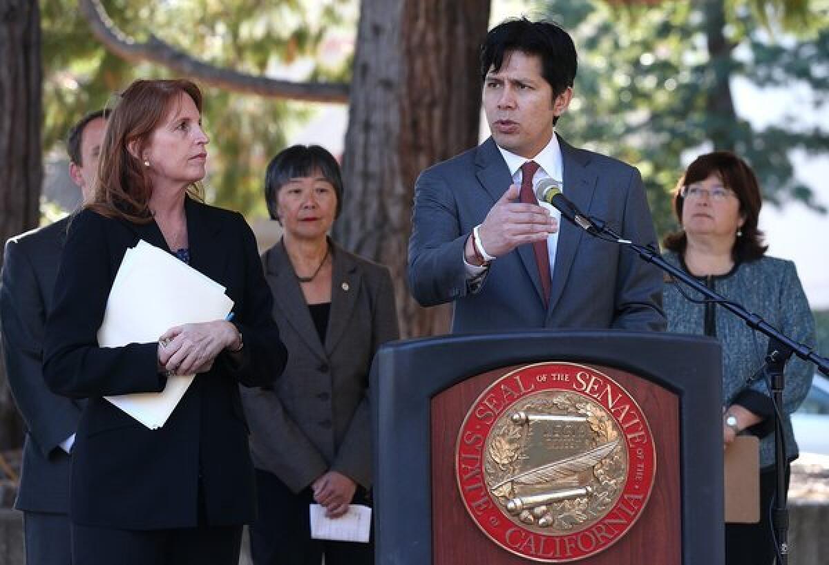 California Sen. Noreen Evans (D-Santa Rosa), left, looks on as Sen. Kevin de Leon (D-Los Angeles) speaks during a news conference in Santa Rosa where they proposed that mock guns be produced in bright colors.