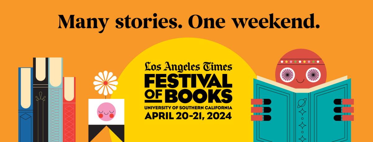 Los Angeles Times Festival of Books promo visual that shows a reader and states that the festival is April 20-21.