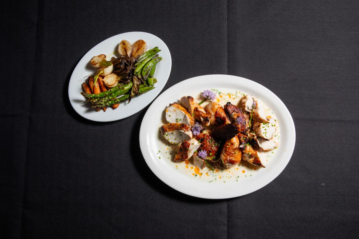 Sacramento, CA April 30, 2025 - Chicken with Seasonal Vegetables at Magpie Cafe in Sacramento, CA on April 30, 2025 (Angela DeCenzo/For The Times)