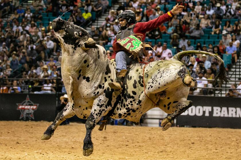LAS VEGAS, CA - JUNE 13: Jay Miller, of Liberty, S.C., rides Hulk during the Bull Riding competition at the Bill Pickett Invitational Rodeo on Sunday, June 13, 2021 in Las Vegas, CA. (Jason Armond / Los Angeles Times)