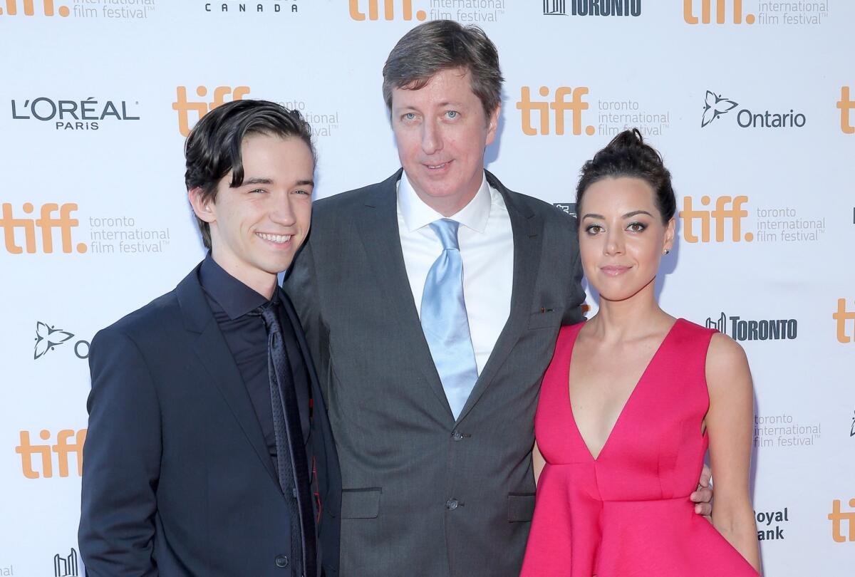 Actor Liam Aiken, writer-director Hal Hartley and actress Aubrey Plaza at the world premiere of "Ned Rifle" as part of the 2014 Toronto International Film Festival.