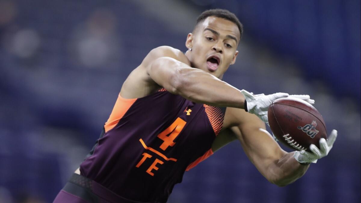 Iowa tight end Noah Fant catches a pass during a drill at the NFL scouting combine.