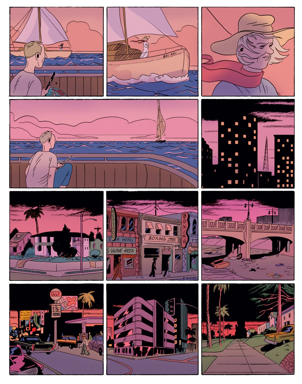 Bir çizgi roman sayfası, yelkenli bir adamı ve bir şehrin sahnelerini gösteren, sözsüz bir dizi renkli panel gösterir.