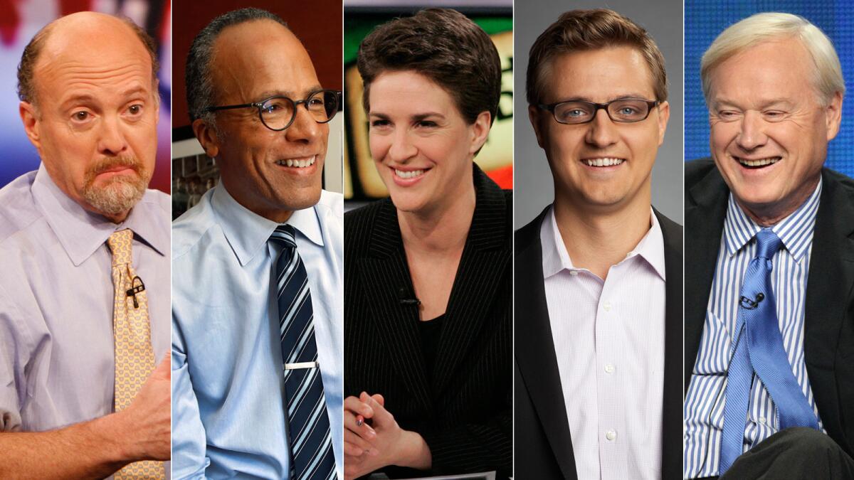 NBCUniversal news show hosts Jim Cramer, left, Lester Holt, Rachel Maddow, Chris Hayes and Chris Matthews.