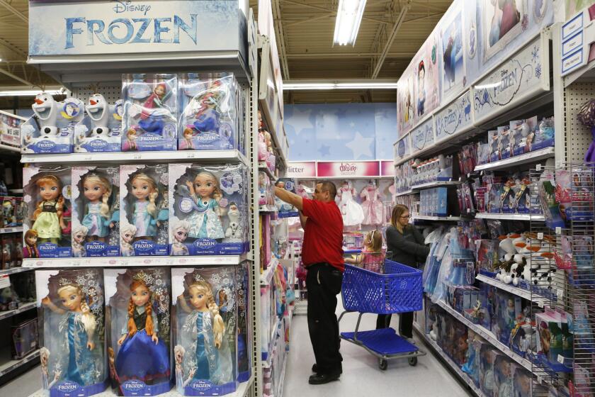 Shelves are stocked with Frozen merchandise as at this Toys R Us in Los Angeles on February 6, 2015. Sales of merchandise from blockbusters like "Frozen" and the "Despicable Me" series helped drive $107 billion in retail sales for the entertainment-based licensing business last year.