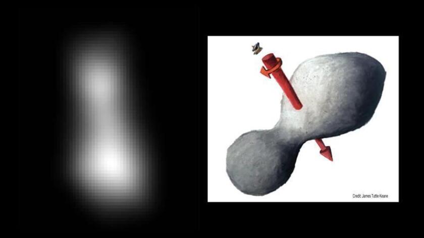 Fotografía cedida por la NASA hoy que muestra una composición de dos imágenes detalladas de Ultima Thule, una tomada por el Long-Range Reconnaissance Imager (LORRI) y una impresión de James Tuttle Keane (d) basada en la primera. EFE/Jhuapl/swri/Nasa