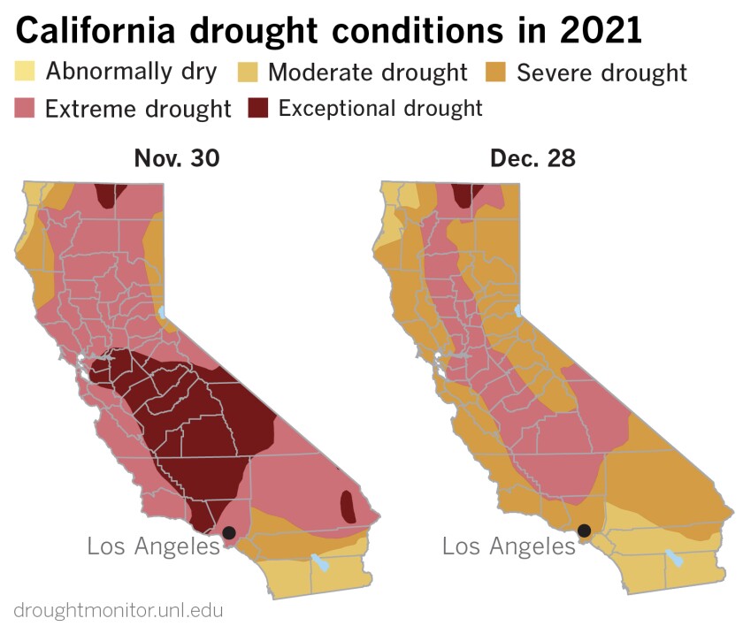 Maps showing improvement in California drought conditions at the end of the year.