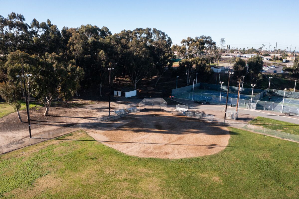 Chula Vista, CA: An aerial view of the baseball field at Eucalyptus Park Chula Vista, CA on Thursday, Jan. 26, 2023. 