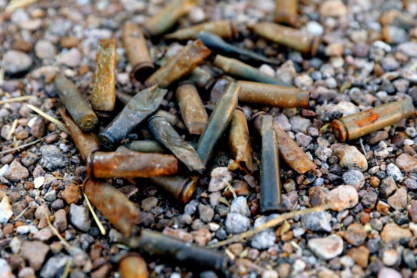 PALMAS ALTAS, ZACATECAS - APRIL 09: Bullet casings line HWY 358 between the towns of Palmas Altas and Jerez on Sunday, April 9, 2023 in Palmas Altas, Zacatecas. The valley of La Sierra Los Cardos is a contested territory of opposing cartels. Mexicans who immigrated to the United States, hoping to retire building houses in their hometowns in Mexico, are hesitant to return because of cartel violence. (Gary Coronado / Los Angeles Times)