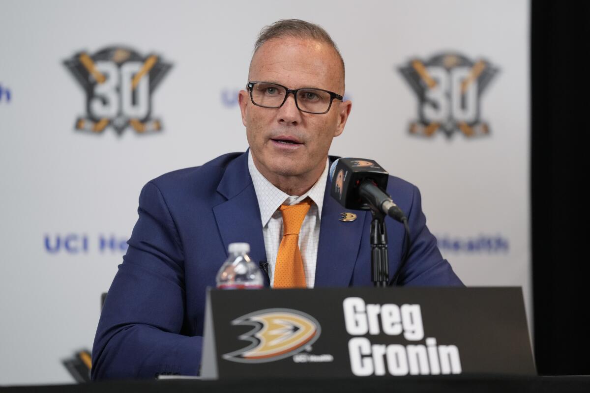 Ducks coach Greg Cronin speaks to reporters during his introductory news conference Monday at Honda Center.