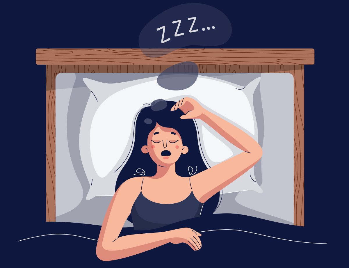 Snoring vector illustration. Woman lying in the bed, snores loudly with open mouth while deep sleep. 