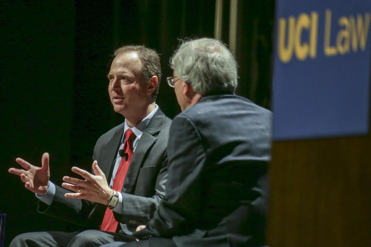 U.S. Rep. Adam Schiff, left, discusses Russia's threat to liberal democracies around the world at discussion discussion hosted by Erwin Chemerinsky at UCI.