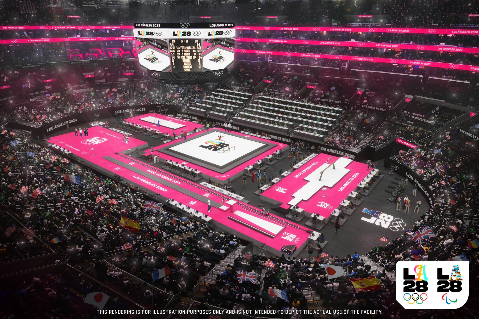 An artist's rendering shows the 2028 Los Angeles Olympics gymnastics competition under neon pink lights at Crypto.com Arena.