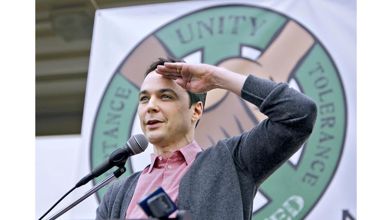 Four-time Emmy-award winning actor Jim Parsons salutes the students after giving his keynote address about acceptance and tolerance during Muir United day at Muir Middle School in Burbank on Thursday, Nov. 16, 2017. Parsons, who plays Sheldon on The Big Bang Theory, gave his message of understanding and empowerment to the entire 1,500 students and staff during a school day devoted to acceptance, tolerance and unity.