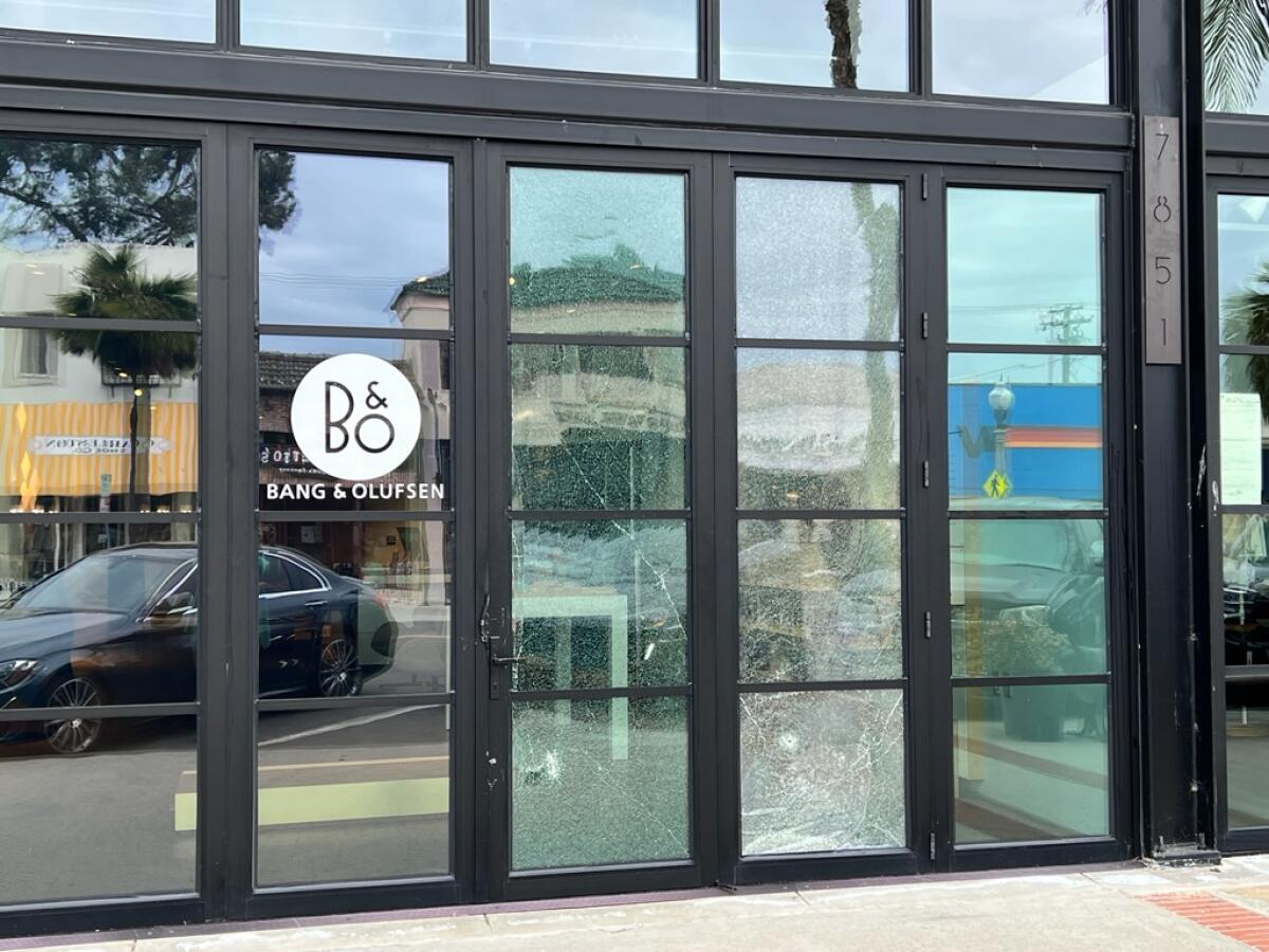 A window at La Jolla's Bang & Olufsen store is broken after a burglary in 2022.