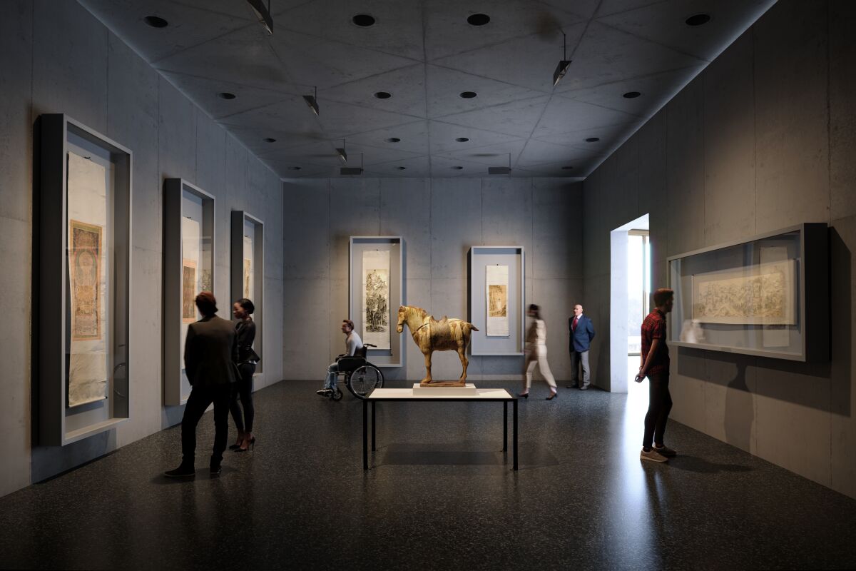 A rendering shows works on paper in a dimmed space, with a statue of a horse in the center