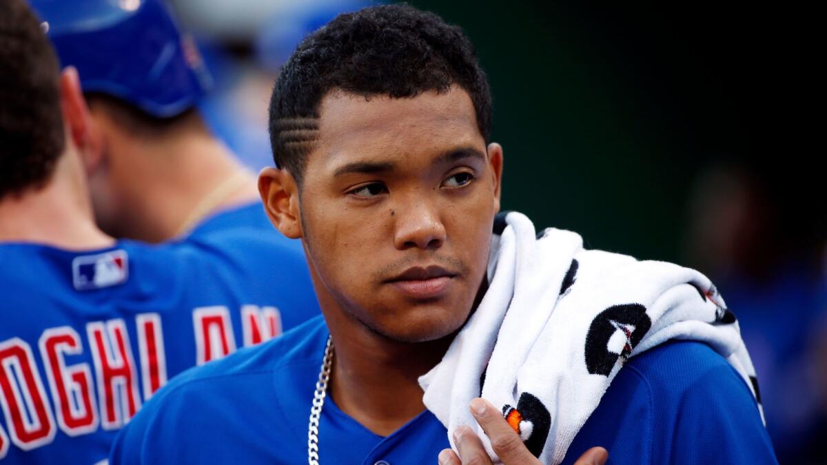 Chicago Cubs shortstop Addison Russell in the dugout on Aug. 4, 2015.