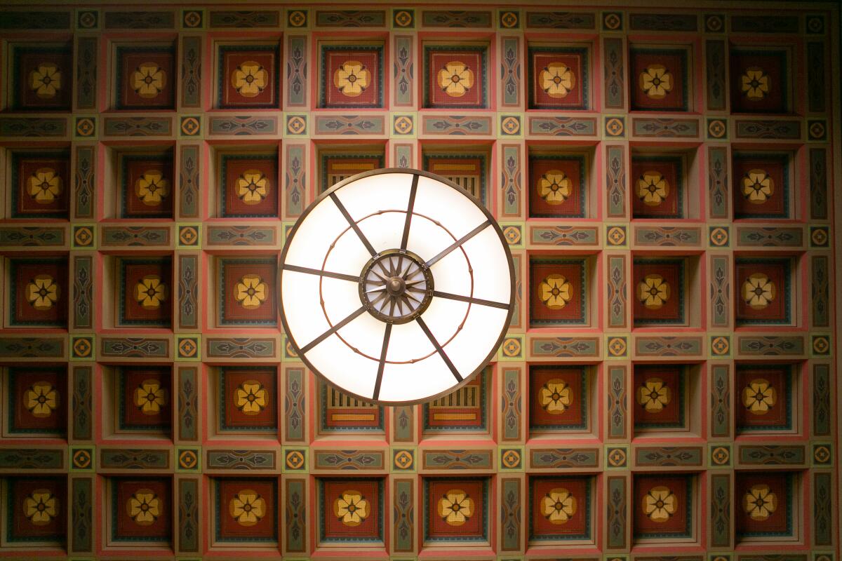A coffered, vibrantly painted ceiling in Union Station's entry vestibule. 