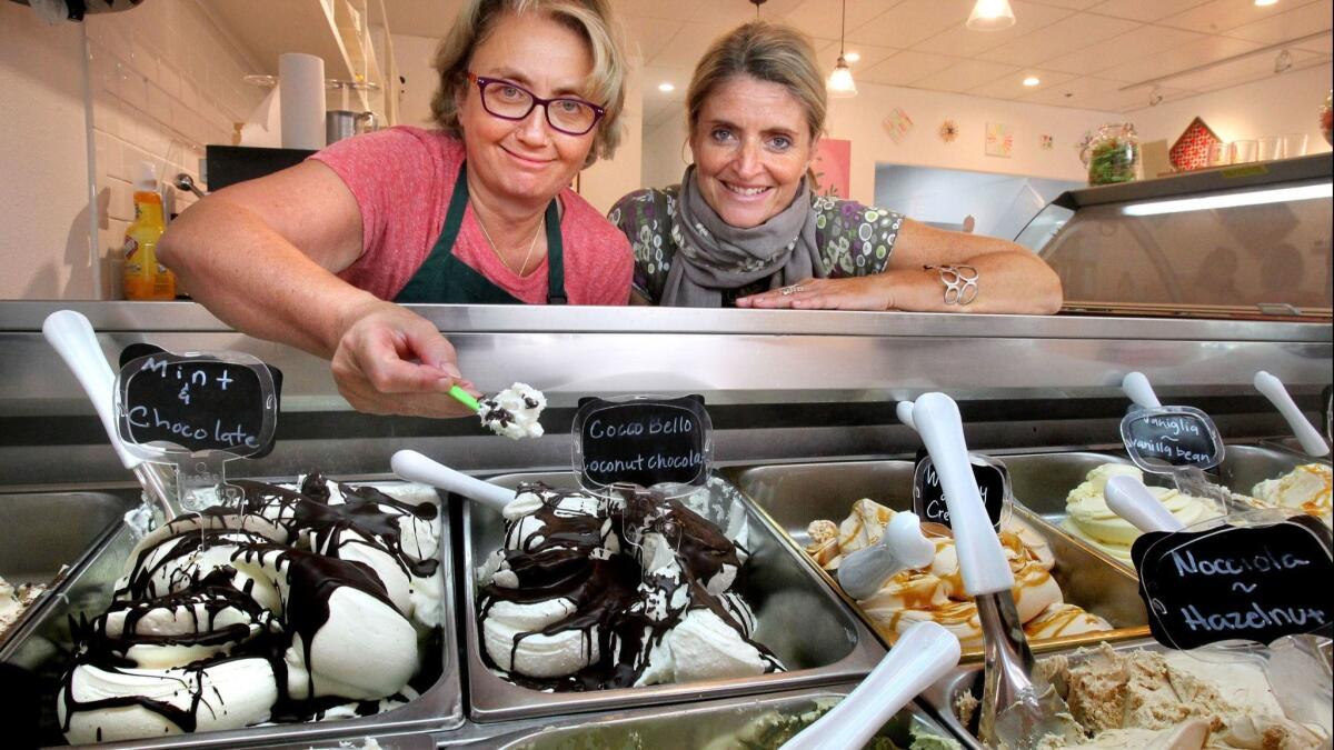 Gaia Gelato co-founders and cousins Cristina Amoroso, left, and Paola Richard, at their store in Carlsbad.