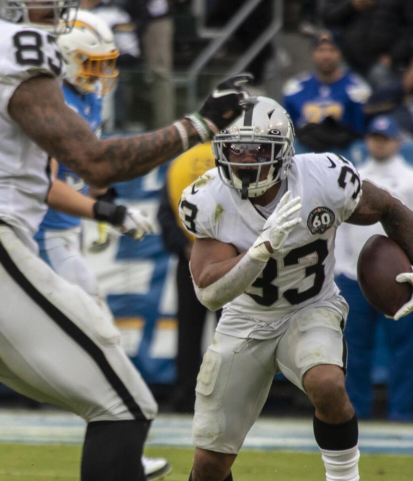 Oakland Raiders running back DeAndre Washington carries the ball against the Chargers.
