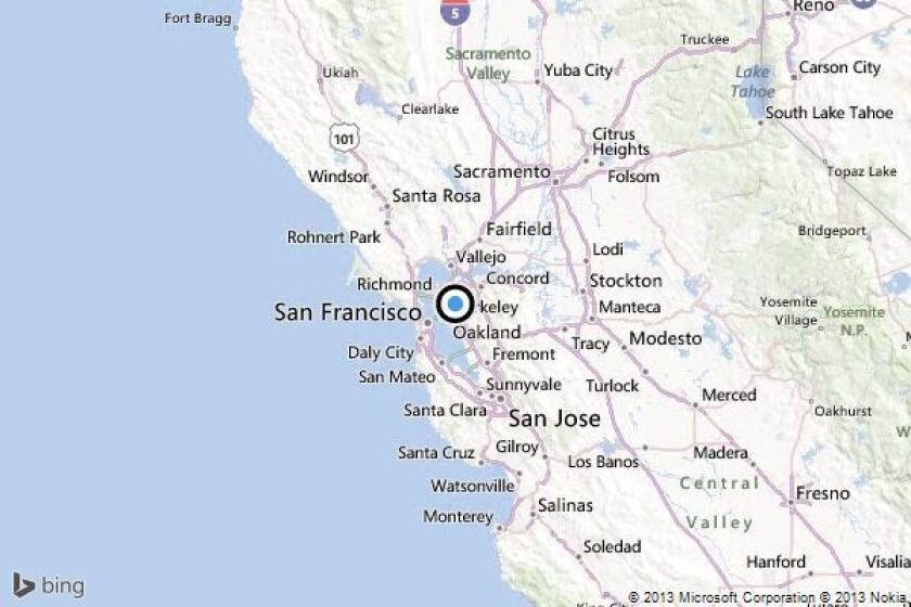 A map showing the location of the epicenter of Sunday evening's quake near Berkeley, California.